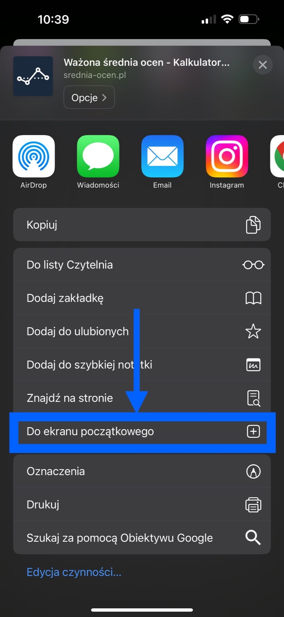 Safari - w menu wybierz "Do ekranu początkowego".